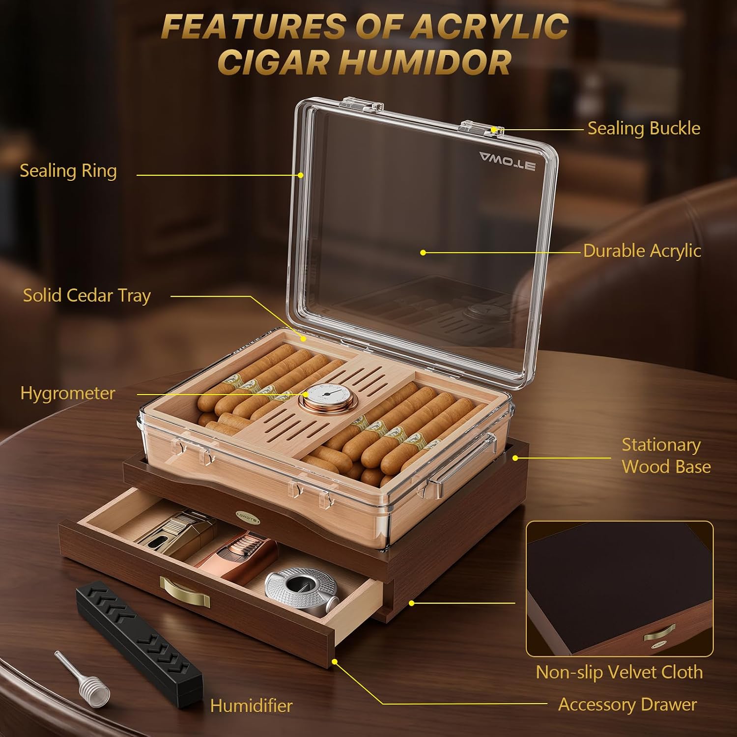 아크릴 시가 휴미더 박스, 나무 받침대가 있는 데스크탑 - Home Fragrance Maple Walnut 리뷰 및 가격